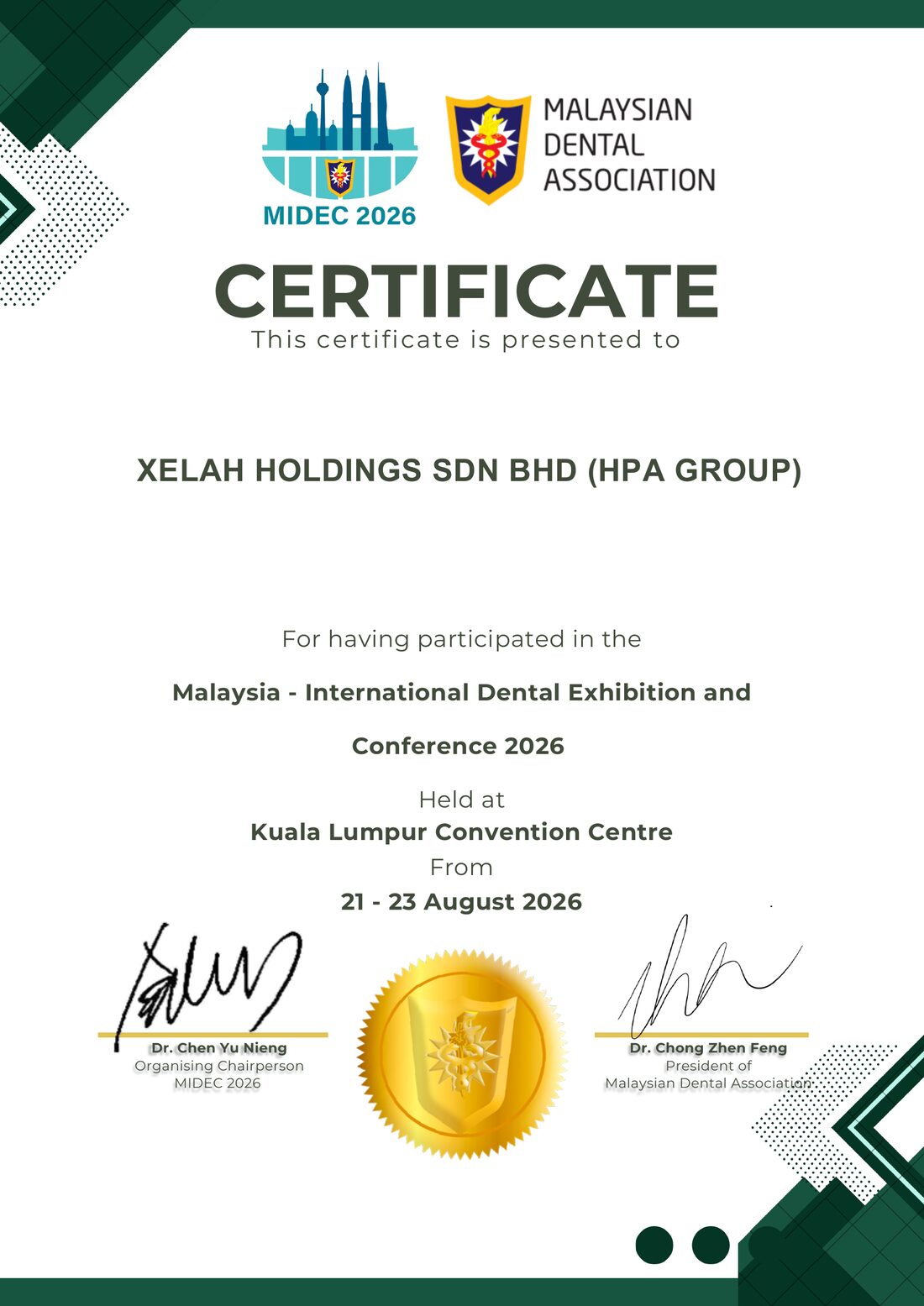 MIDEC 2026 certificate of participation presented to XELAH Holdings Sdn Bhd (HPA Group)