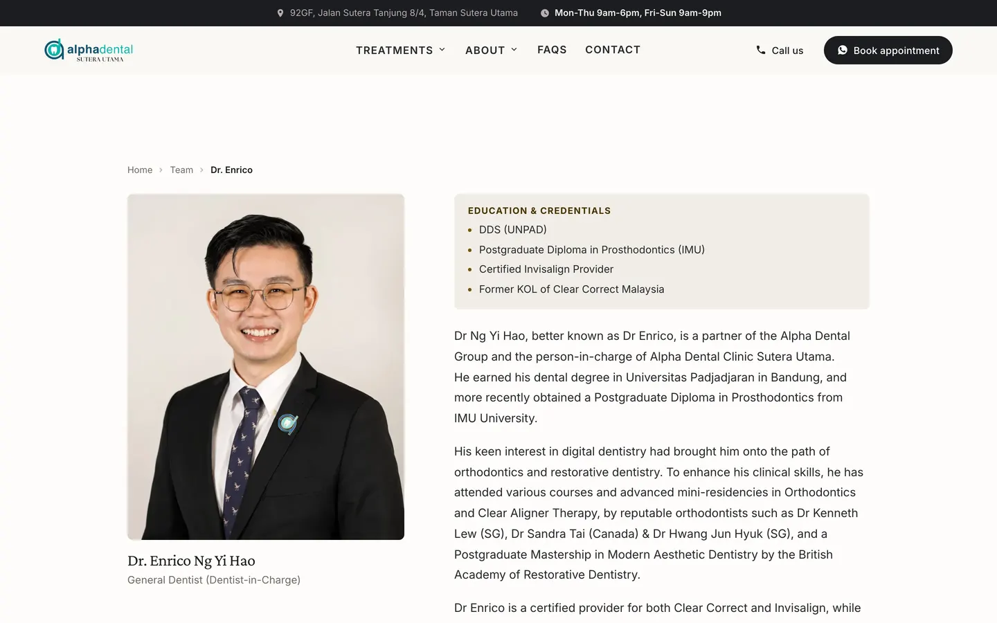 Doctor profile on the Alpha Dental website, built by HPA