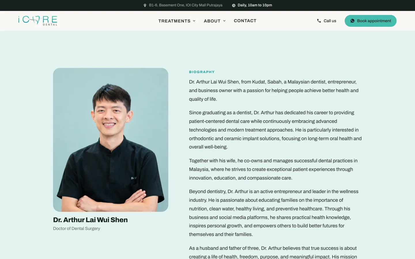 Doctor profile on the iCare Dental IOI website, built by HPA