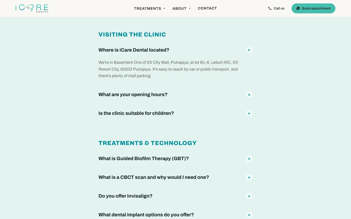 Patient FAQ on the iCare Dental IOI website, built by HPA