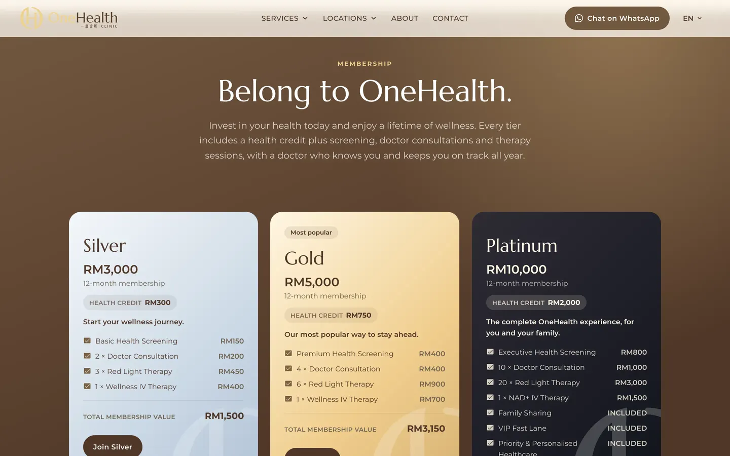 Membership pricing on the OneHealth Clinic website, built by HPA